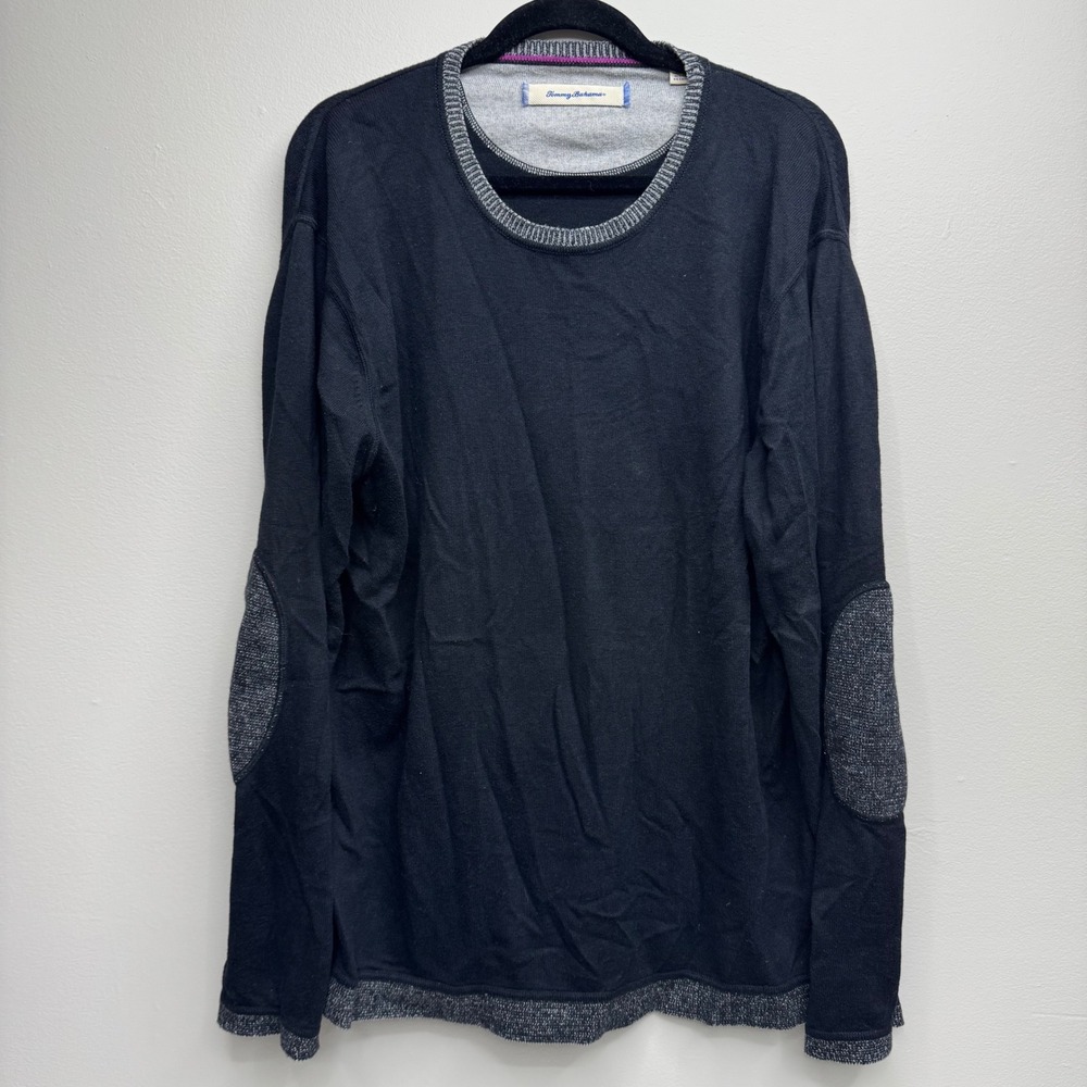 Tommy Bahama Mens XL Black Cotton Cashmere Pullover Sweater Elbow Patches